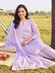 Lavender Embroidered Straight Kurta Trousers With Dupatta Set