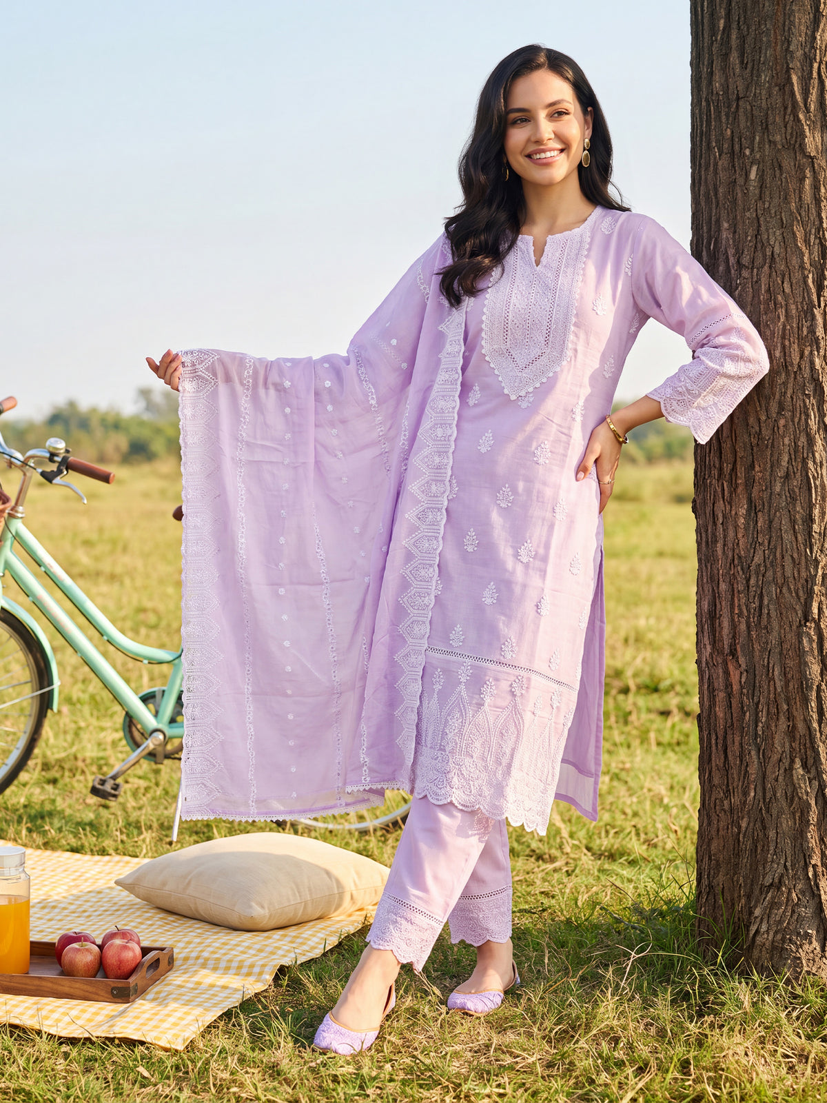 Lavender Embroidered Straight Kurta Trousers With Dupatta Set