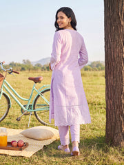 Lavender Embroidered Straight Kurta Trousers With Dupatta Set