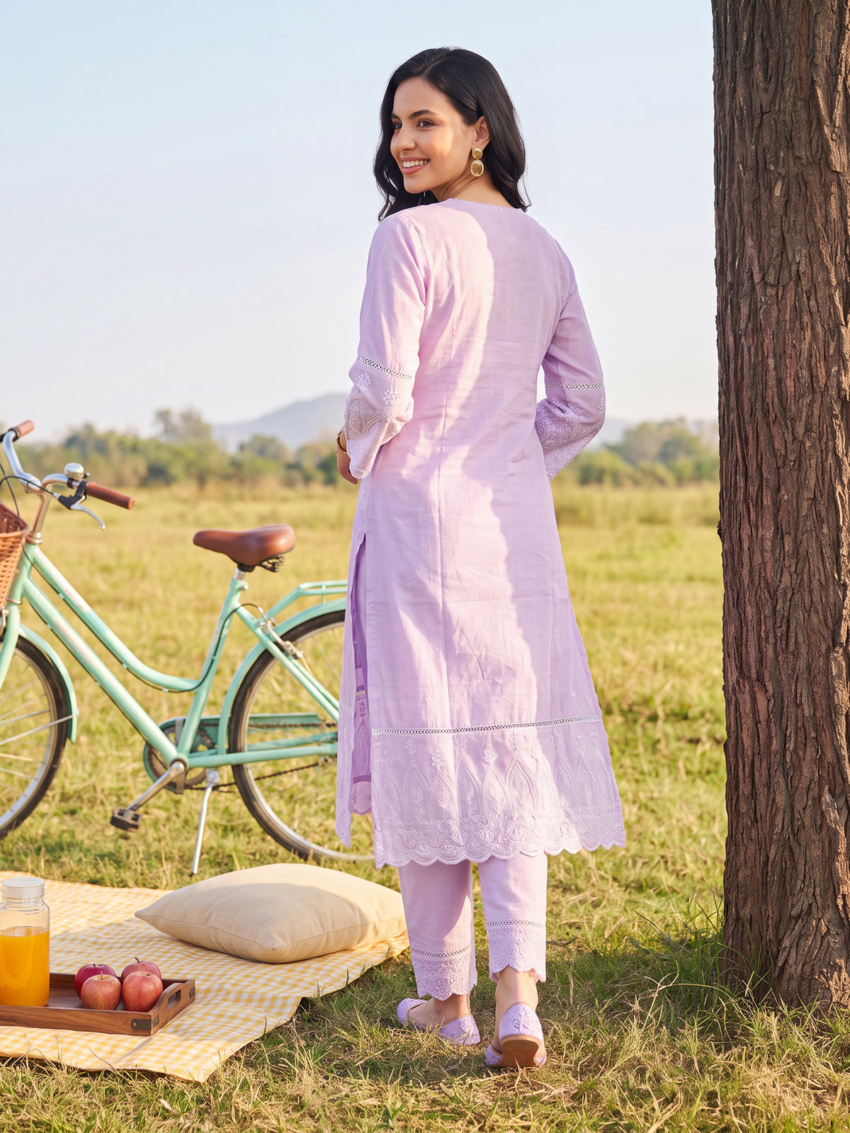 Lavender Embroidered Straight Kurta Trousers With Dupatta Set