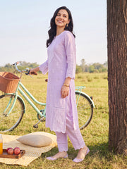 Lavender Embroidered Straight Kurta Trousers With Dupatta Set