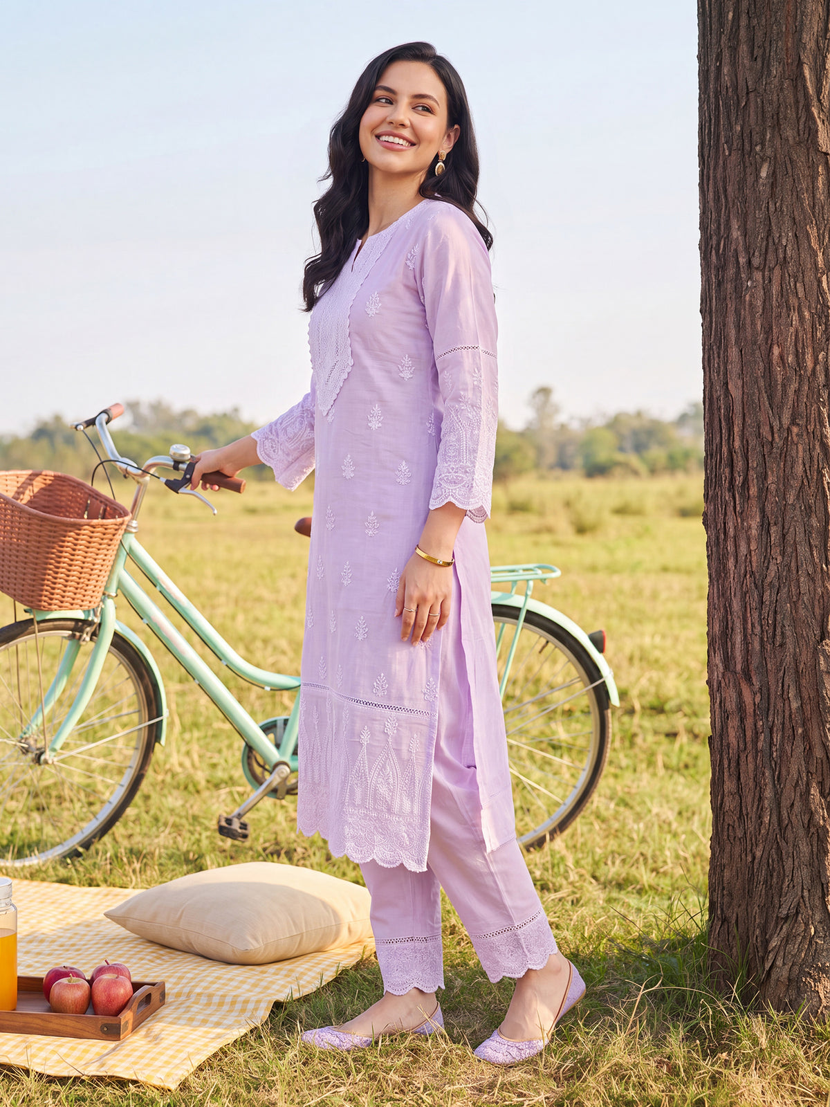 Lavender Embroidered Straight Kurta Trousers With Dupatta Set