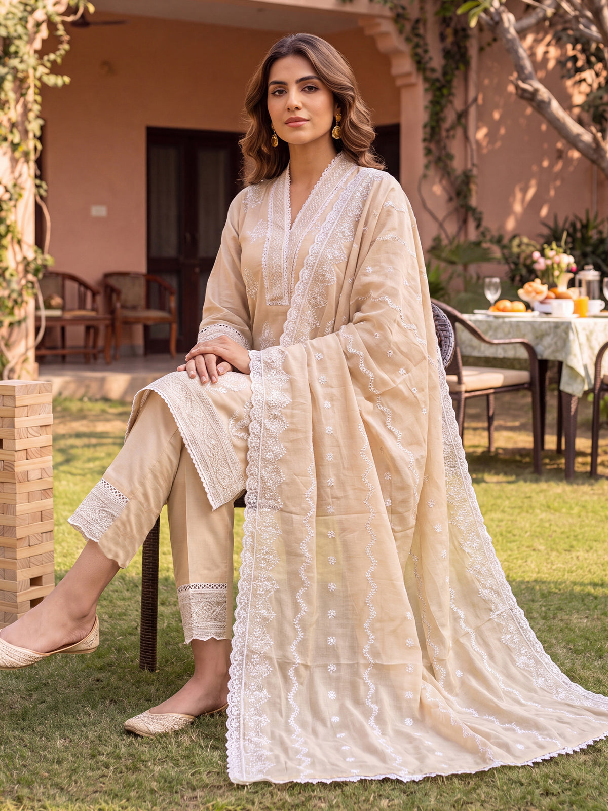 Beige Embroidered Straight Kurta Trousers With Dupatta Set