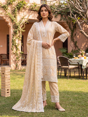 Beige Embroidered Straight Kurta Trousers With Dupatta Set
