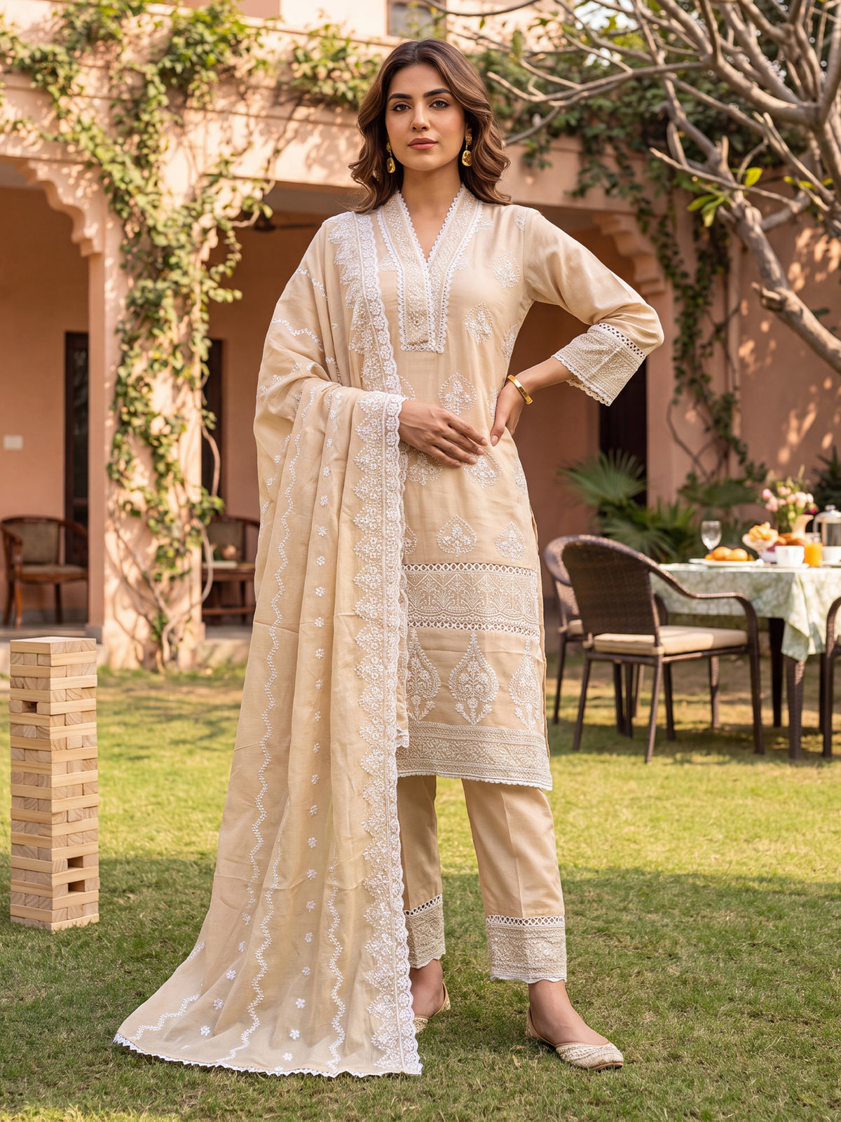 Beige Embroidered Straight Kurta Trousers With Dupatta Set