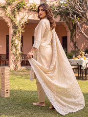 Beige Embroidered Straight Kurta Trousers With Dupatta Set