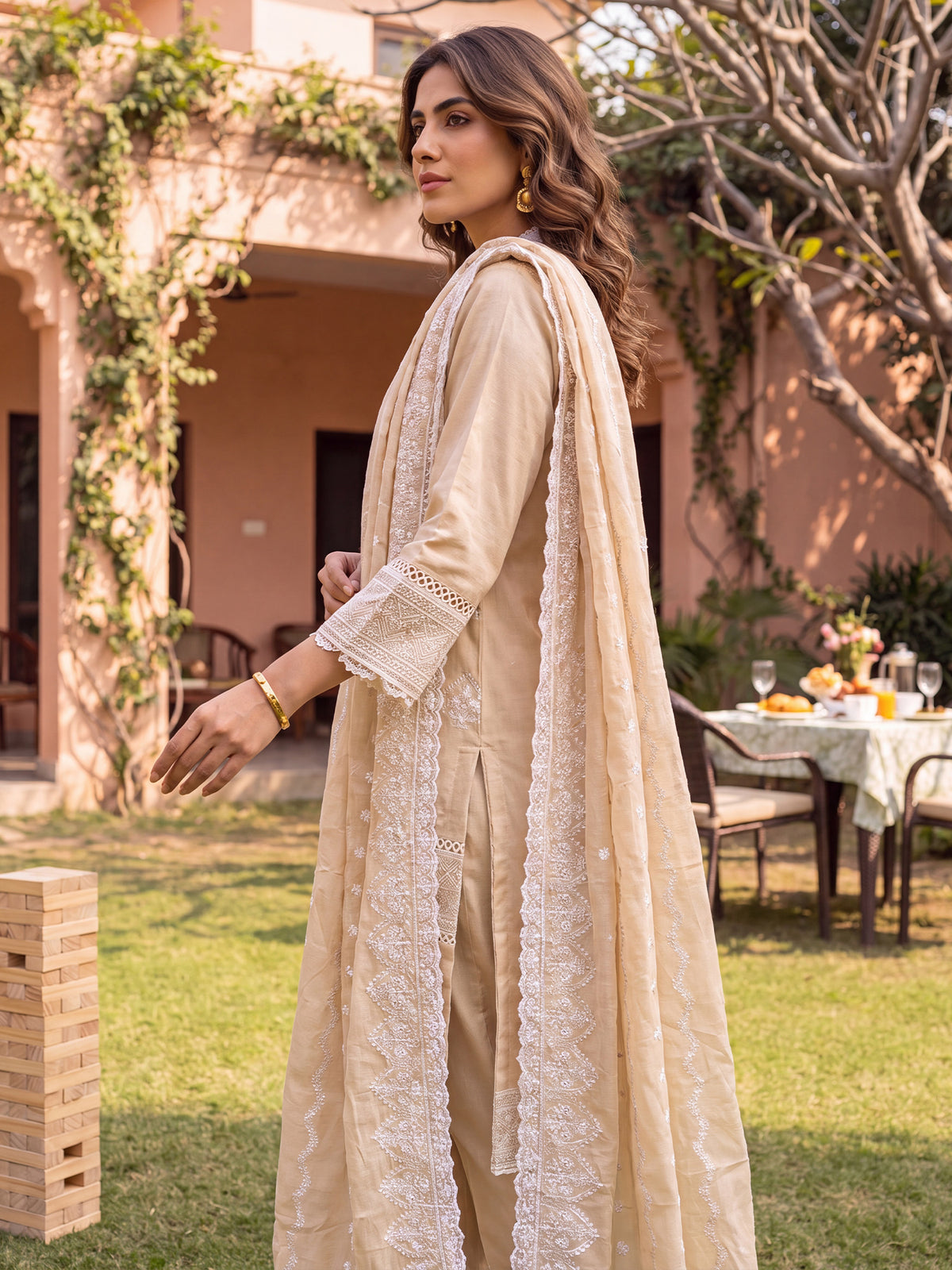 Beige Embroidered Straight Kurta Trousers With Dupatta Set