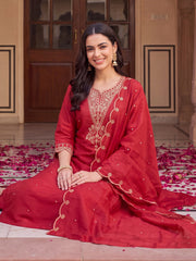 Red Embroidered Straight Kurta Trousers With Dupatta Set