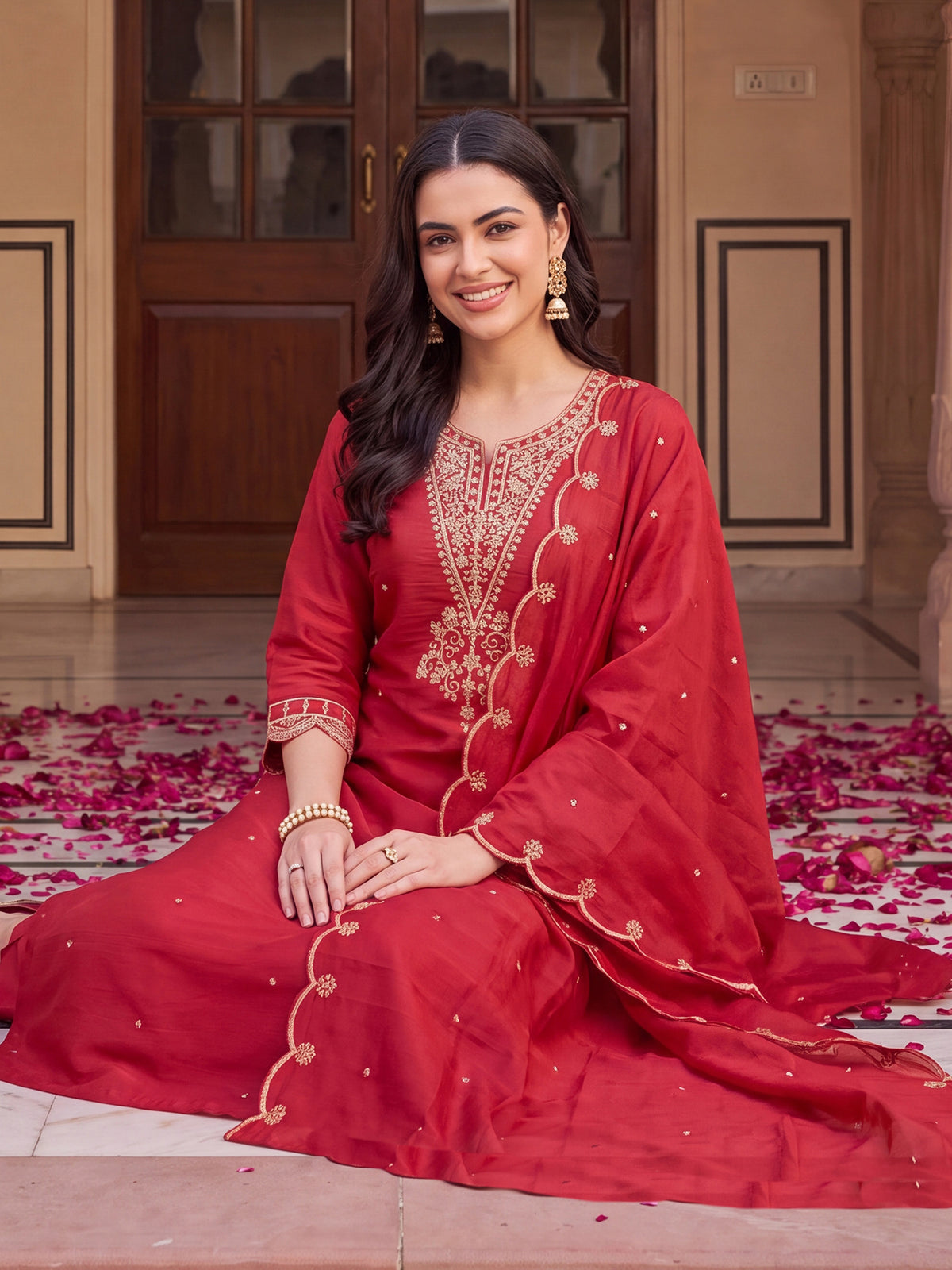 Red Embroidered Straight Kurta Trousers With Dupatta Set
