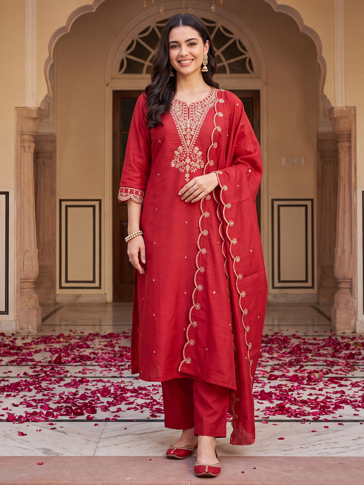 Red Embroidered Straight Kurta Trousers With Dupatta Set