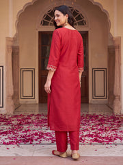 Red Embroidered Straight Kurta Trousers With Dupatta Set