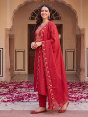 Red Embroidered Straight Kurta Trousers With Dupatta Set
