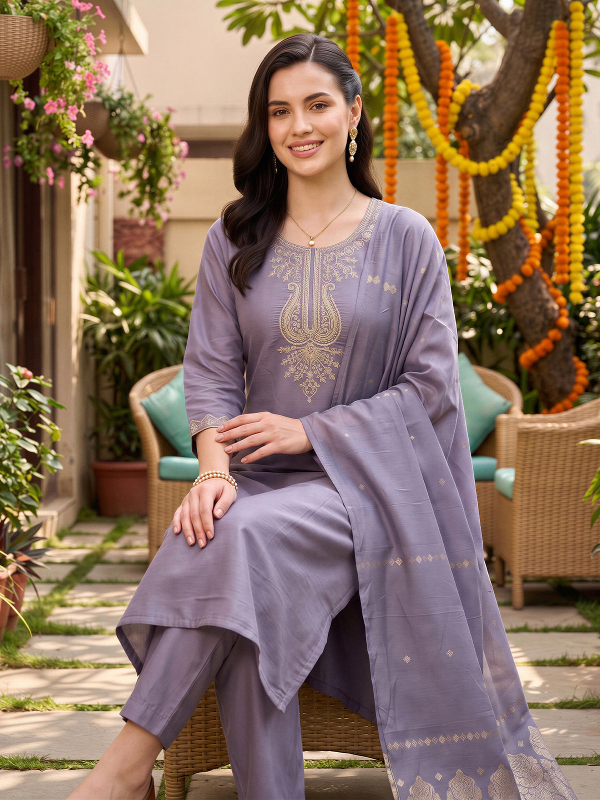Lavender Embroidered Straight Kurta Trousers With Dupatta Set