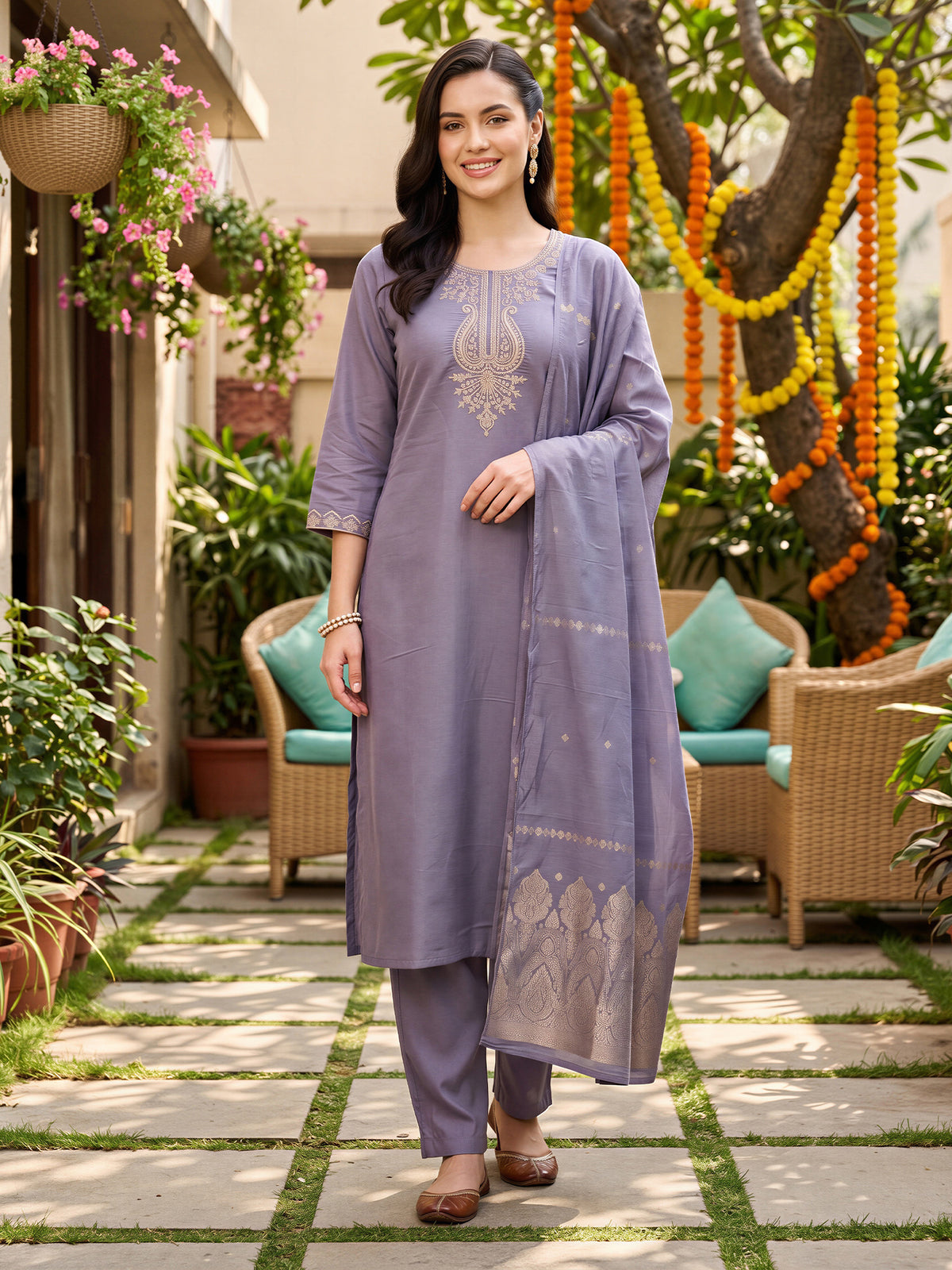Lavender Embroidered Straight Kurta Trousers With Dupatta Set