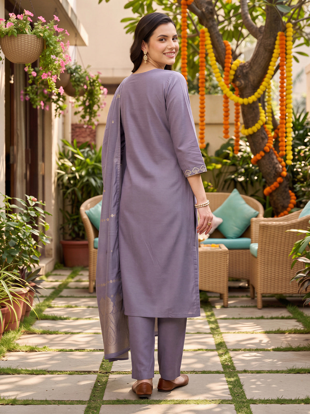 Lavender Embroidered Straight Kurta Trousers With Dupatta Set