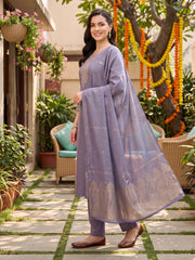 Lavender Embroidered Straight Kurta Trousers With Dupatta Set