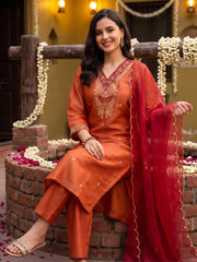 Rust Embroidered Straight Kurta Trousers With Dupatta Set