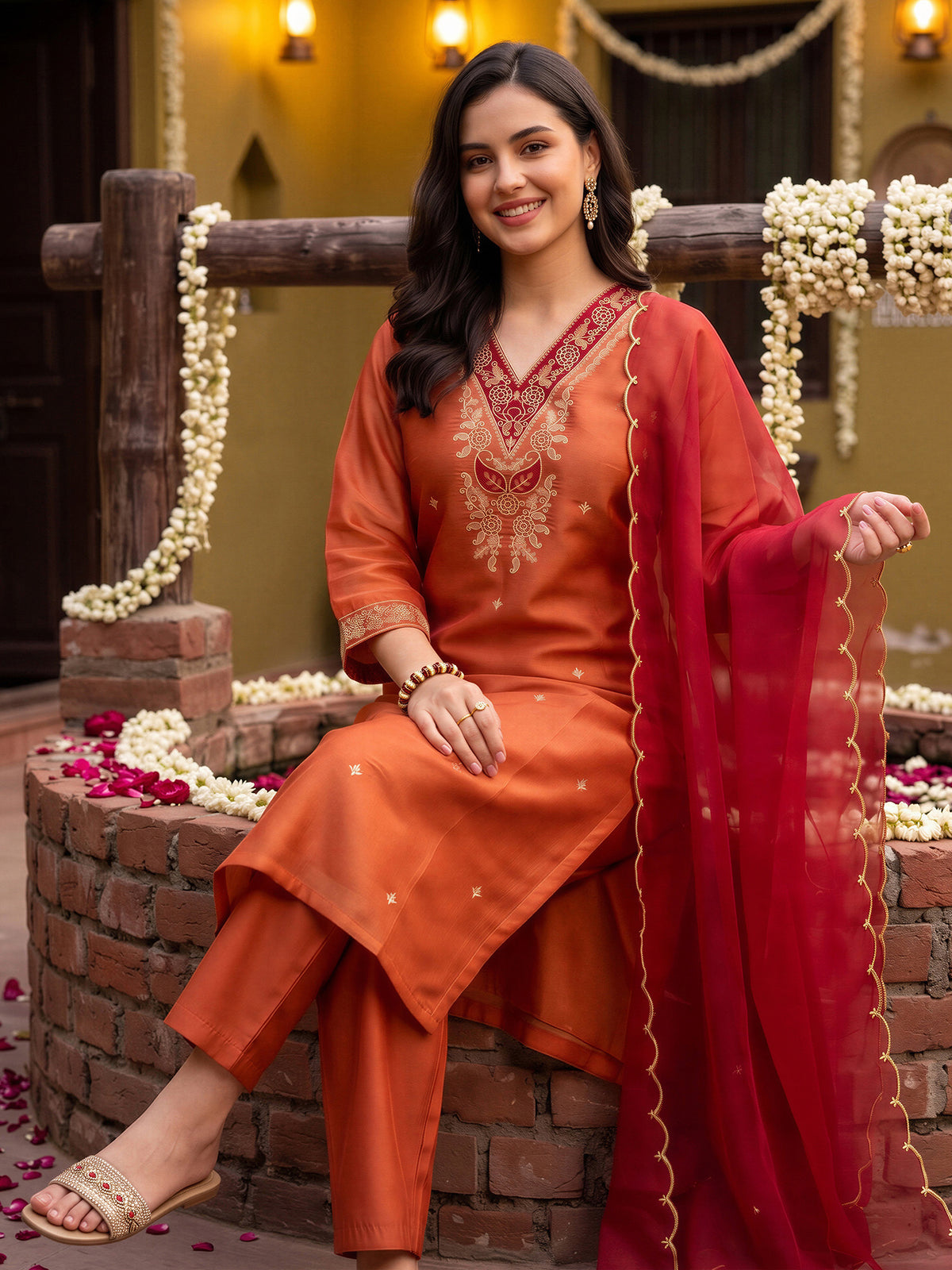 Rust Embroidered Straight Kurta Trousers With Dupatta Set