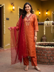Rust Embroidered Straight Kurta Trousers With Dupatta Set