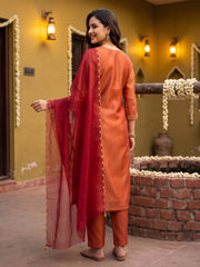Rust Embroidered Straight Kurta Trousers With Dupatta Set