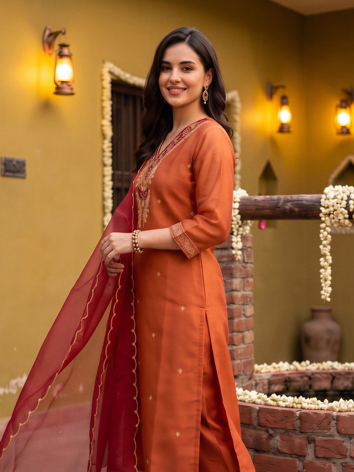 Rust Embroidered Straight Kurta Trousers With Dupatta Set