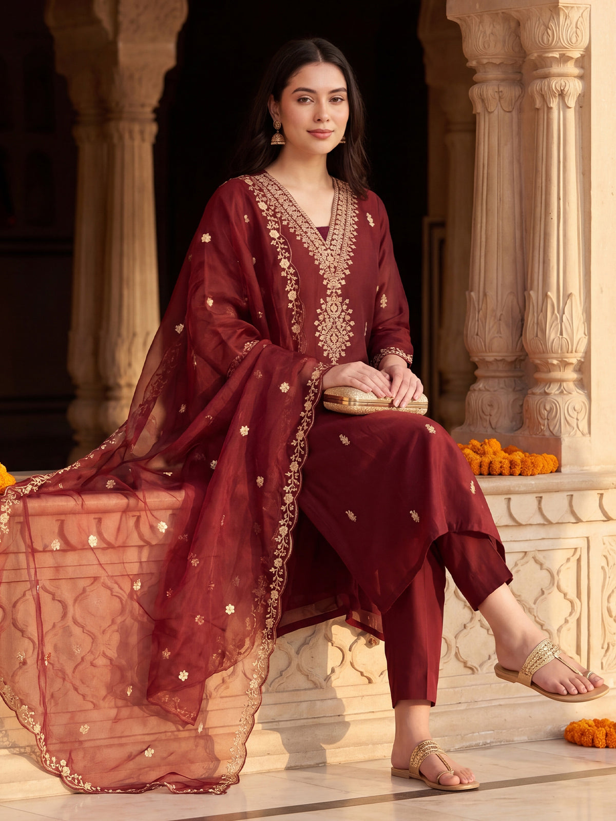 Maroon Embroidered Straight Kurta Trousers With Dupatta Set