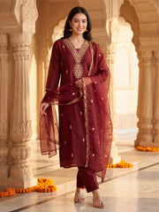Maroon Embroidered Straight Kurta Trousers With Dupatta Set