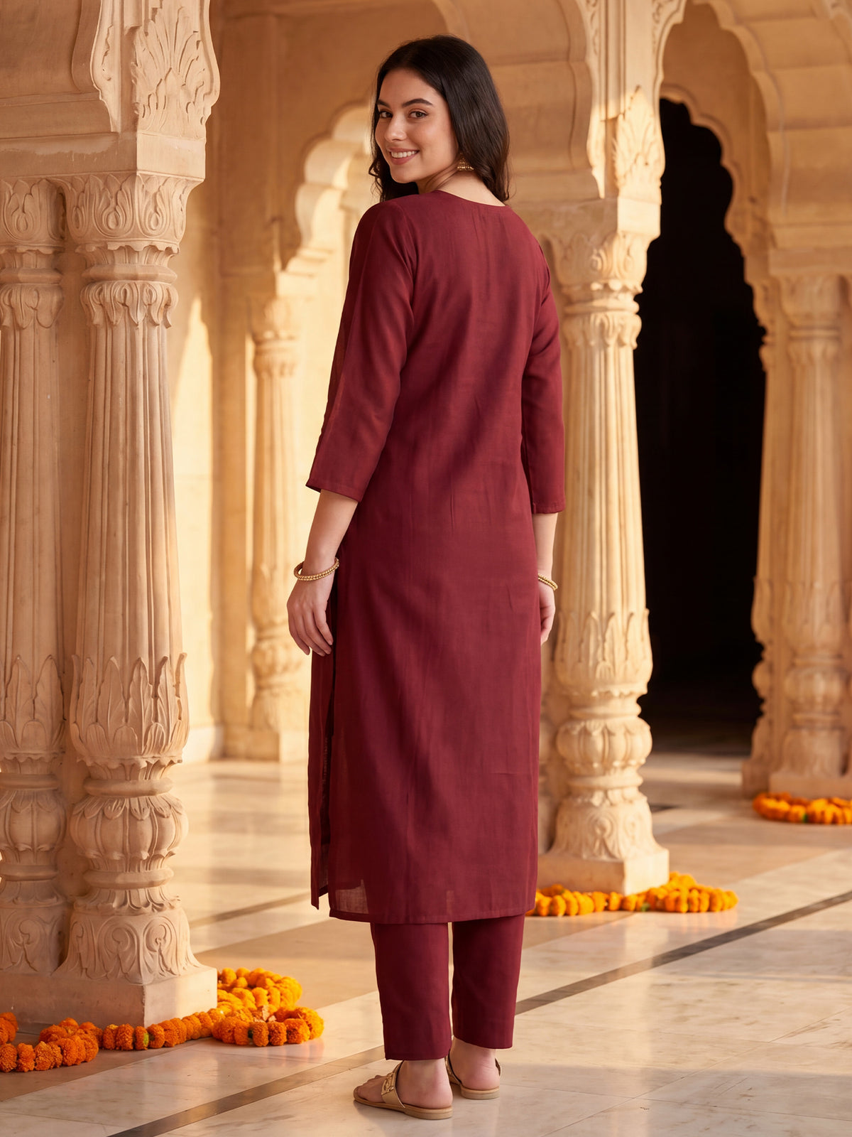 Maroon Embroidered Straight Kurta Trousers With Dupatta Set