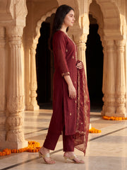 Maroon Embroidered Straight Kurta Trousers With Dupatta Set