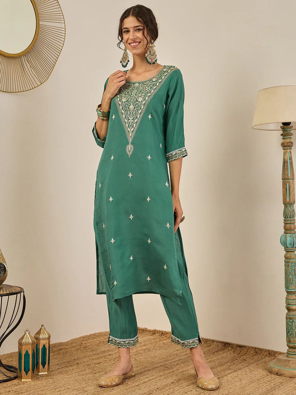 Sea Green Embroidered Suit Set