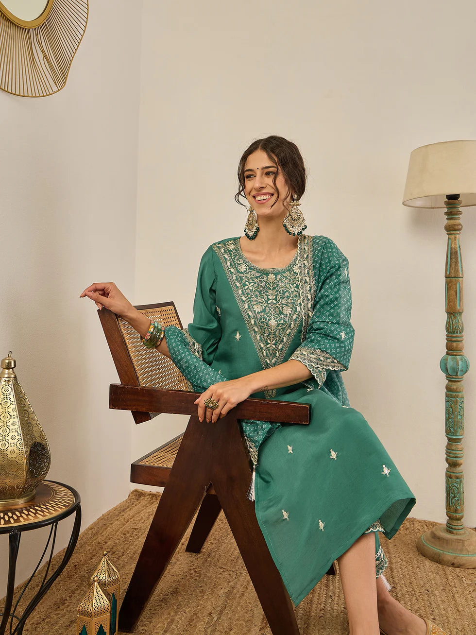 Sea Green Embroidered Suit Set