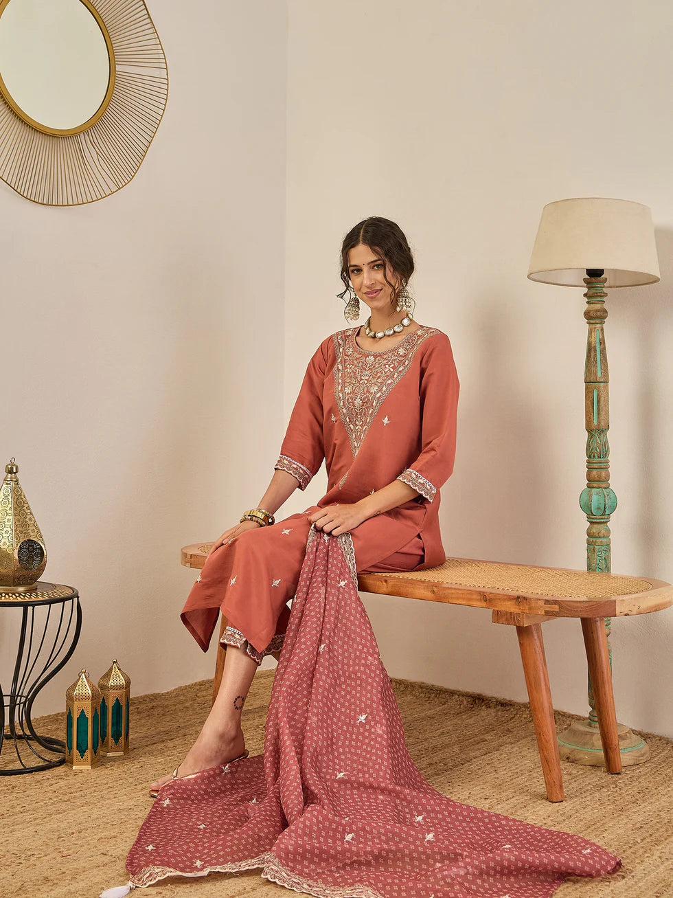 Rust Embroidered Suit Set