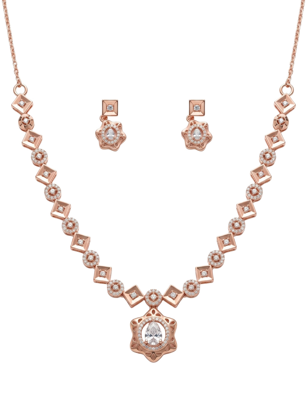 925 Sterling Silver Rose Gold Floral Halo Necklace Set with earrings