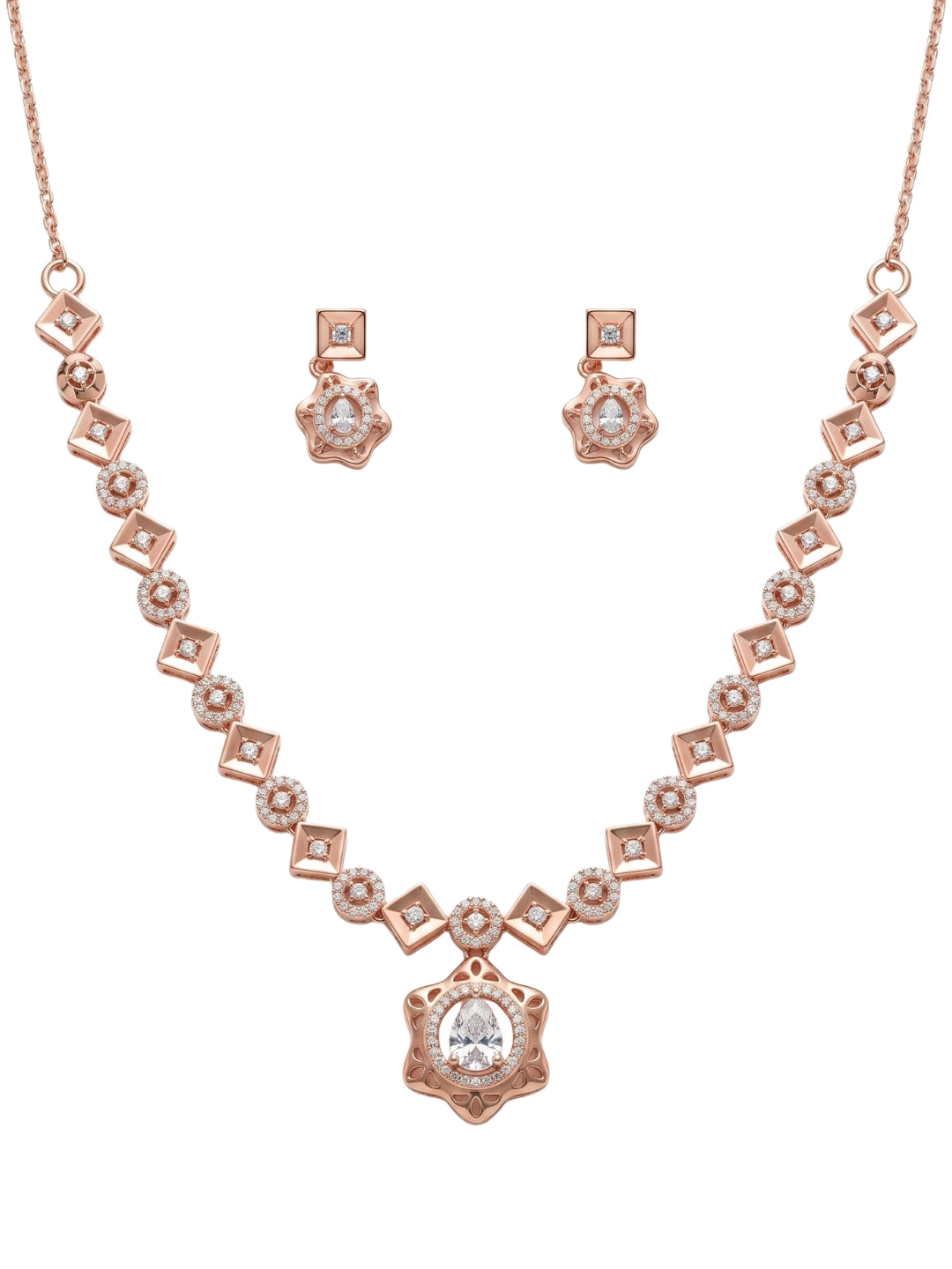 925 Sterling Silver Rose Gold Floral Halo Necklace Set with earrings