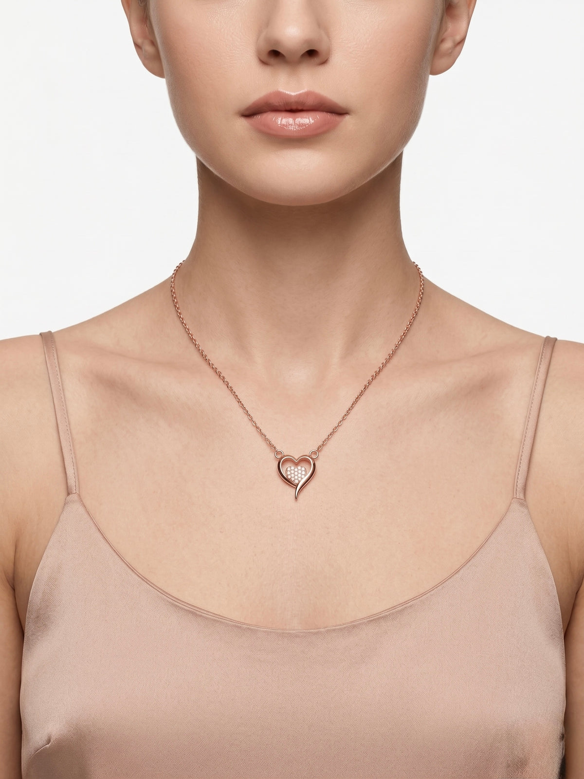 925 Sterling Silver Rose Gold Open Heart Cubic Zirconia Pendant Necklace for Women