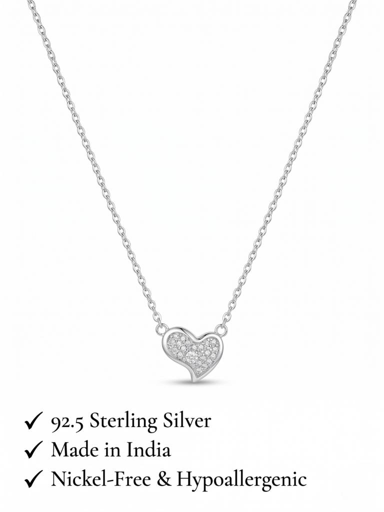 925 Sterling Silver Pavé CZ Heart Pendant Necklace for Women