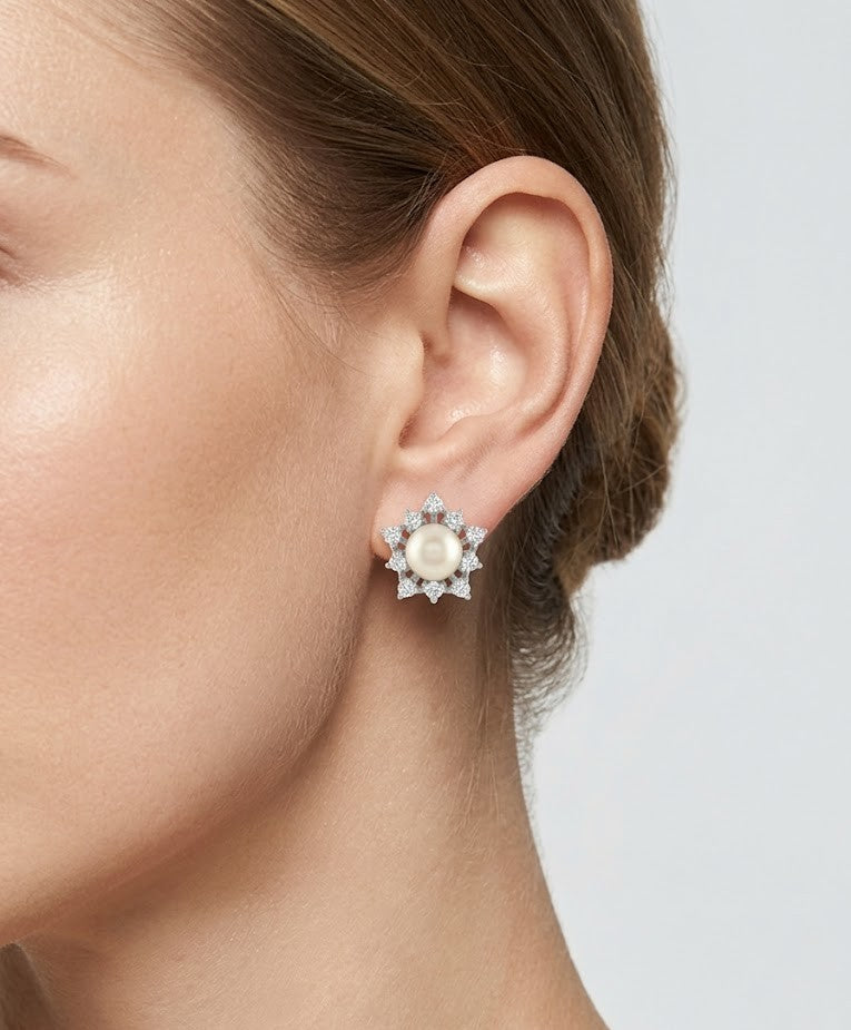 925 Silver Pearl Flower Stud Earrings for Women
