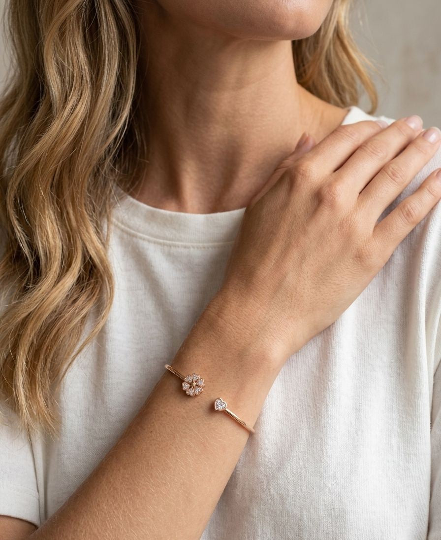 92.5 Sterling Silver Blossom Heart Open Cuff Bracelet for Women