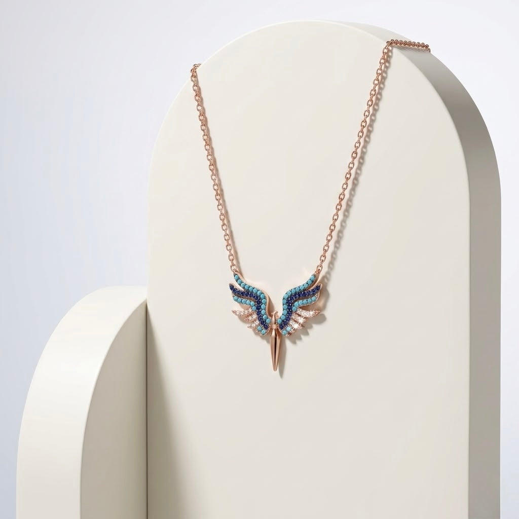 925 Sterling Silver Rose Gold Turquoise & Sapphire Blue Winged Necklace for Women