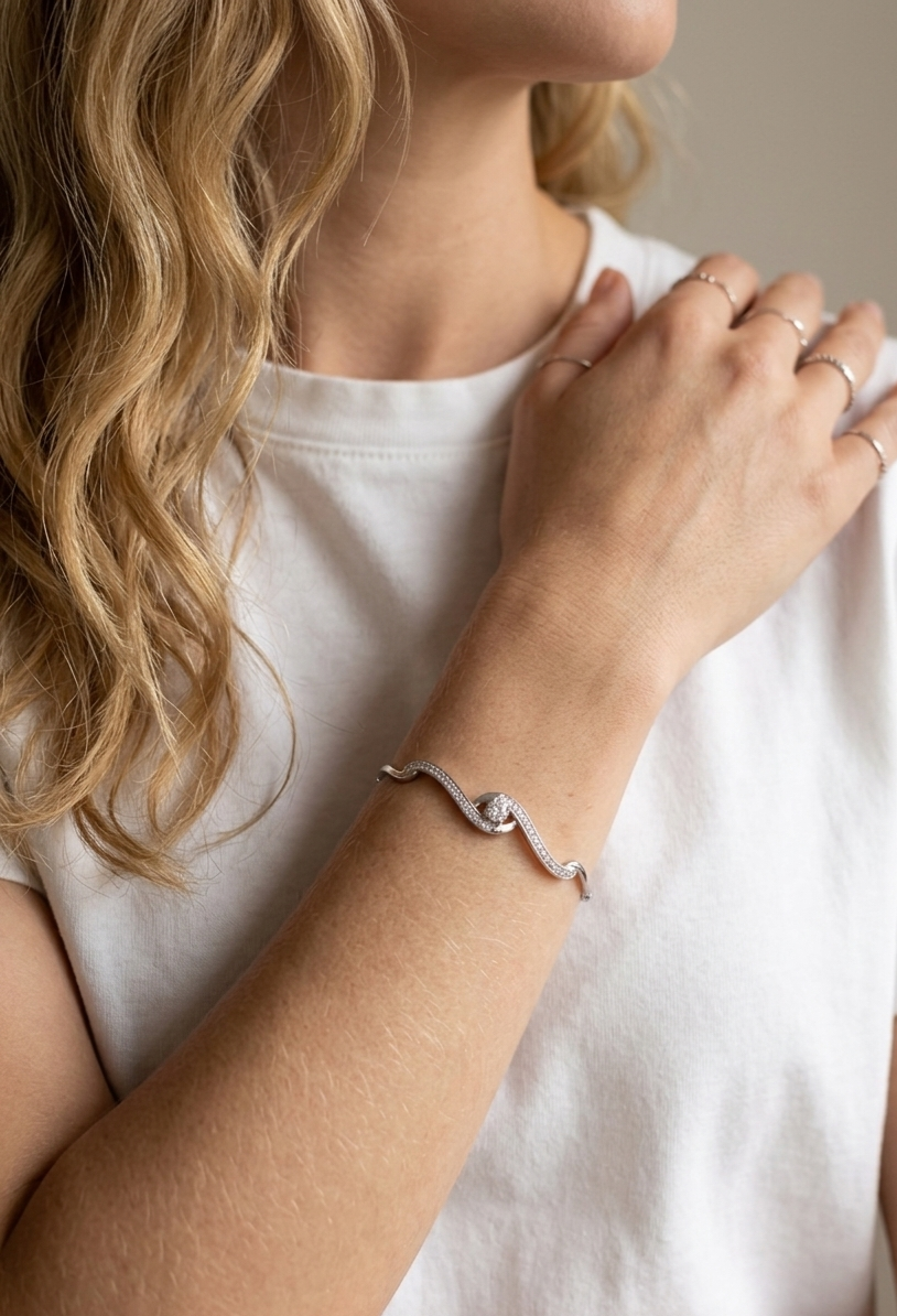 92.5 Sterling Silver Infinity Wave Diamond Bracelet for Women