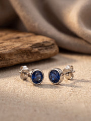 925 Silver Round Blue Stud Earrings for Women