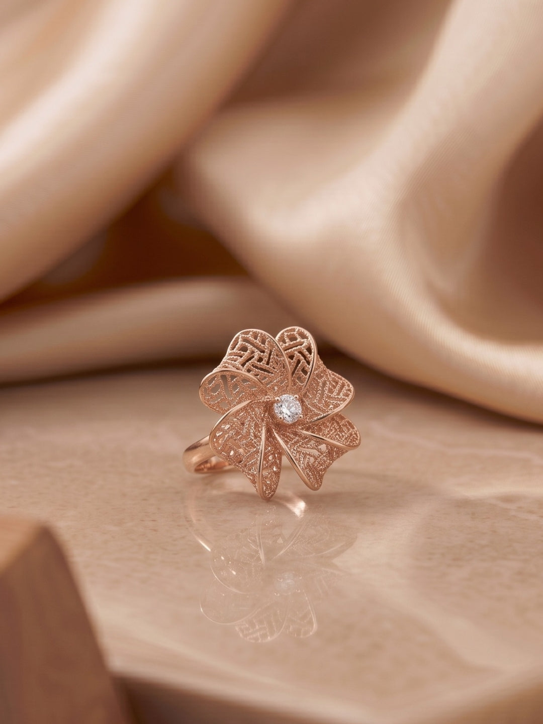 925 Sterling Silver Rose Gold Floral Adjustable Ring for Women