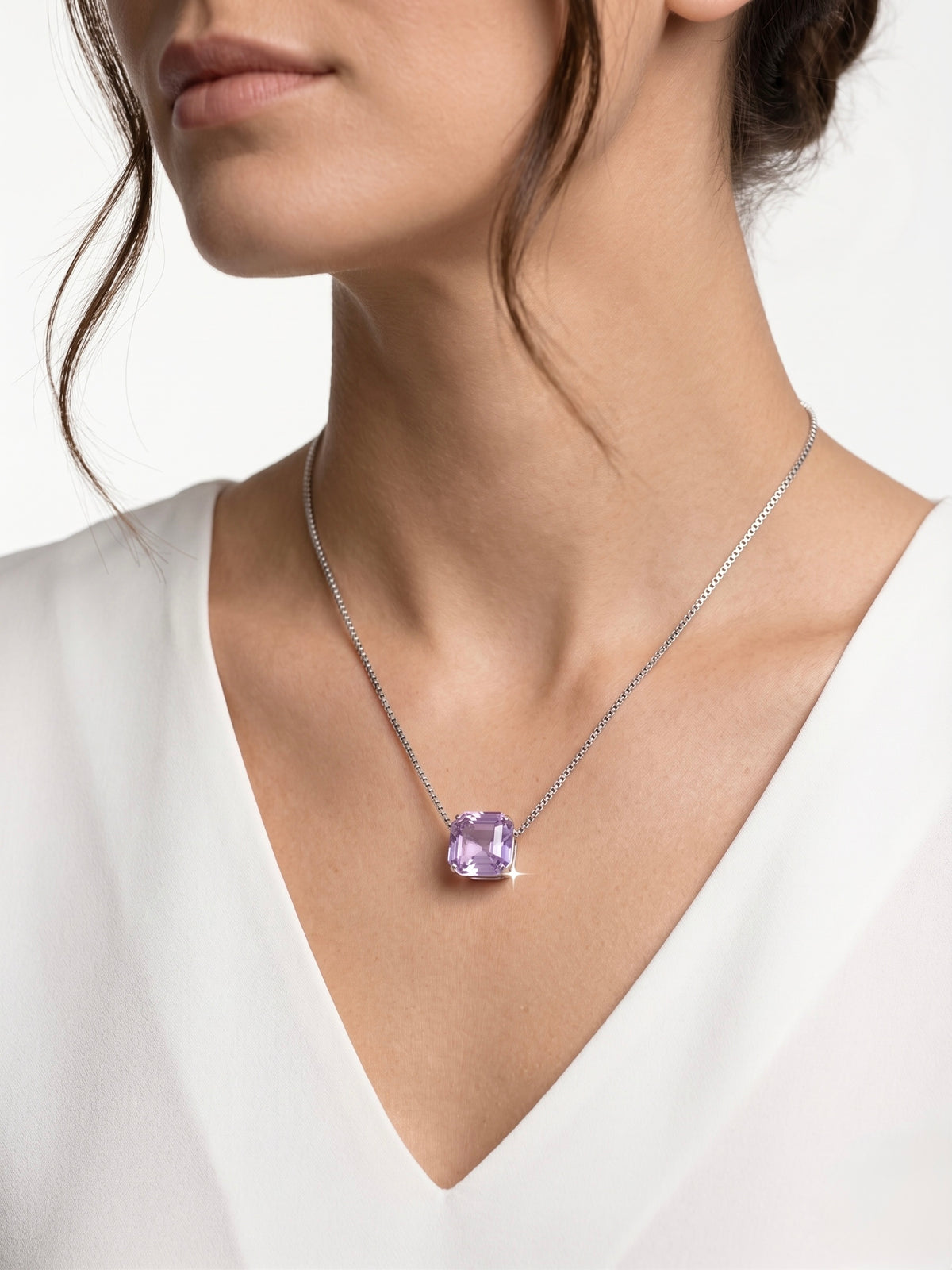 925 Sterling Silver Emerald-Cut Purple Solitaire Pendant Necklace for Women