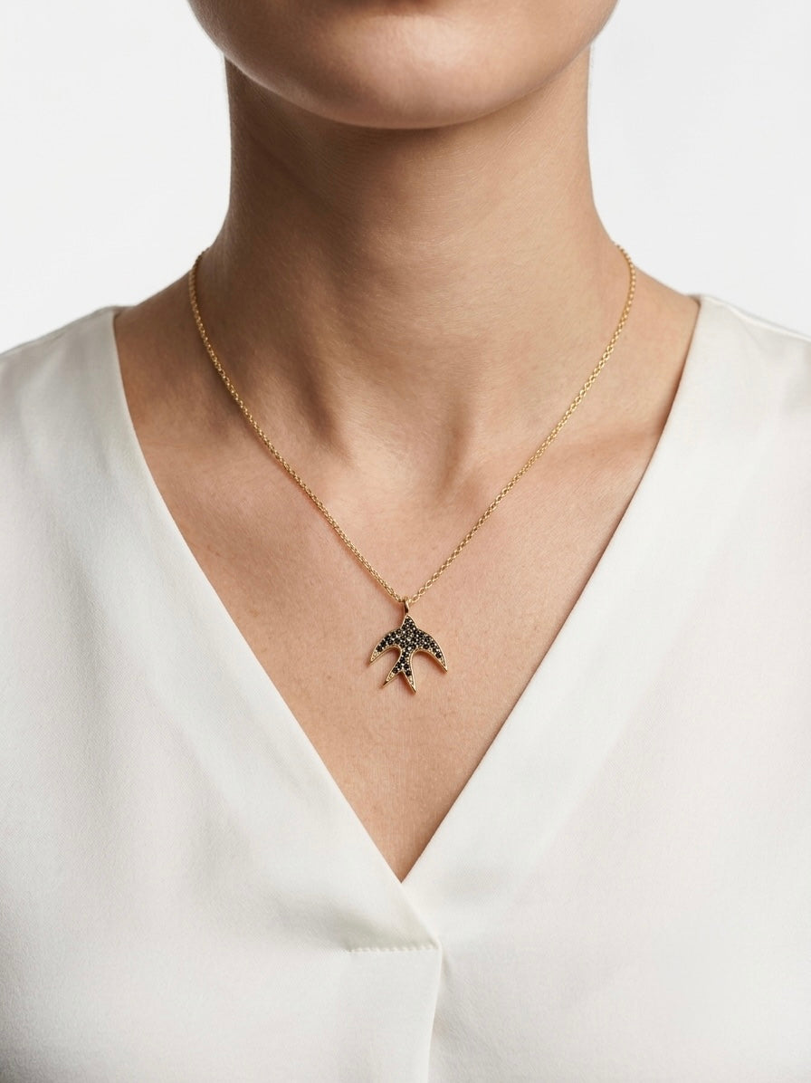 925 Sterling Silver Sparkling Black Spinel Bird Pendant Necklace for Women