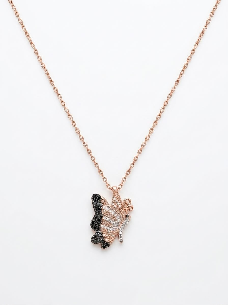 925 Sterling Silver Black Butterfly Pendant Necklace for Women