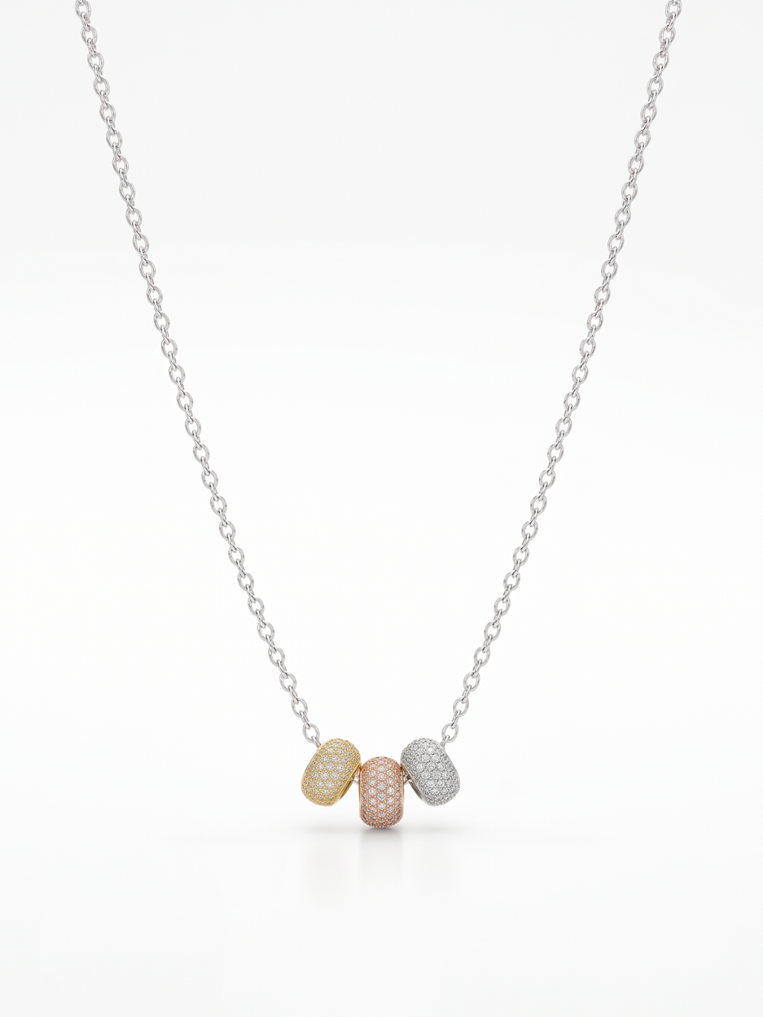925 Sterling Silver Tri-Color Pavé CZ Bead Pendant Necklace for Women