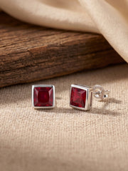 925 Silver Ruby Square Stud Earrings for Women
