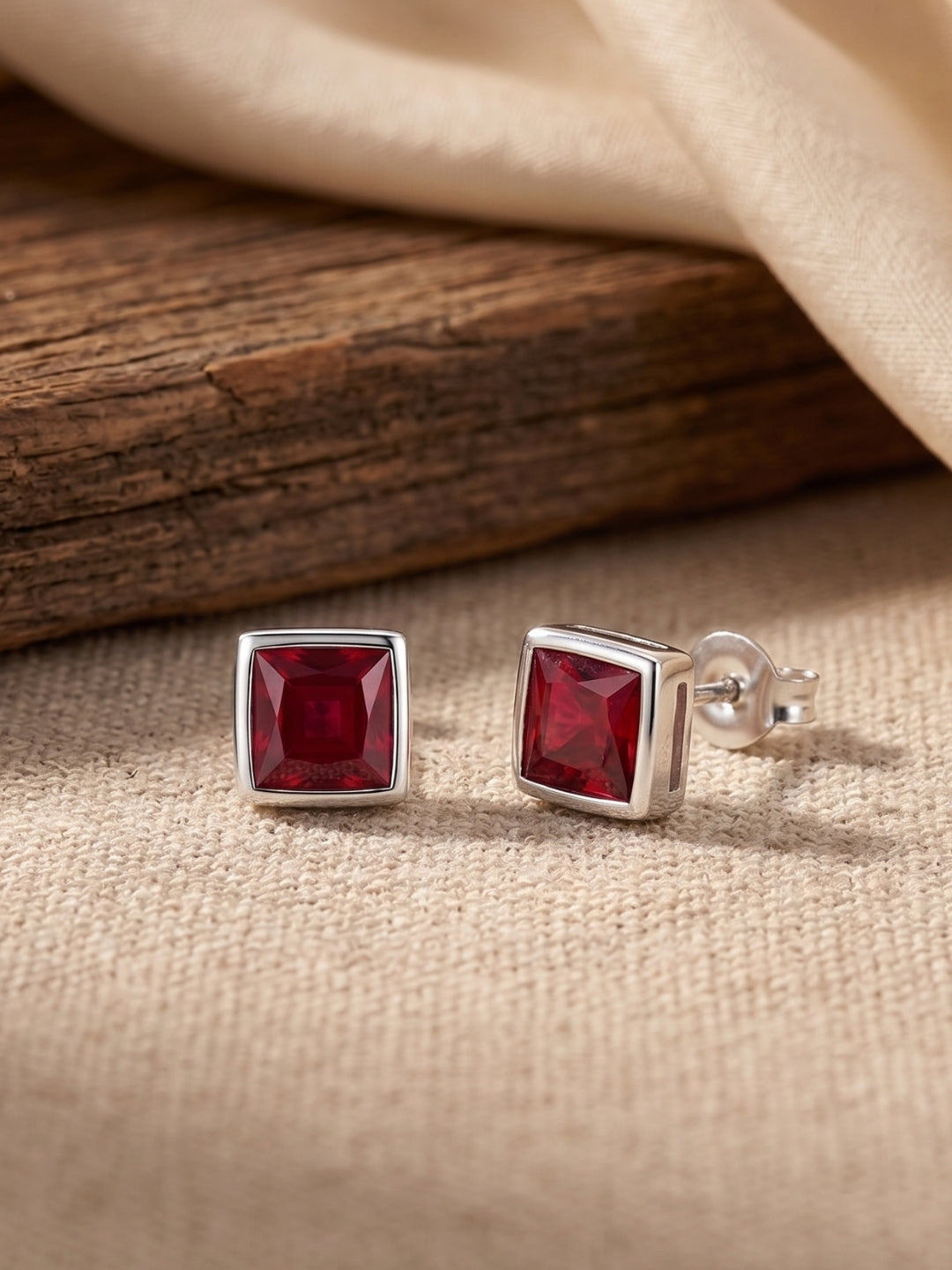 925 Silver Ruby Square Stud Earrings for Women