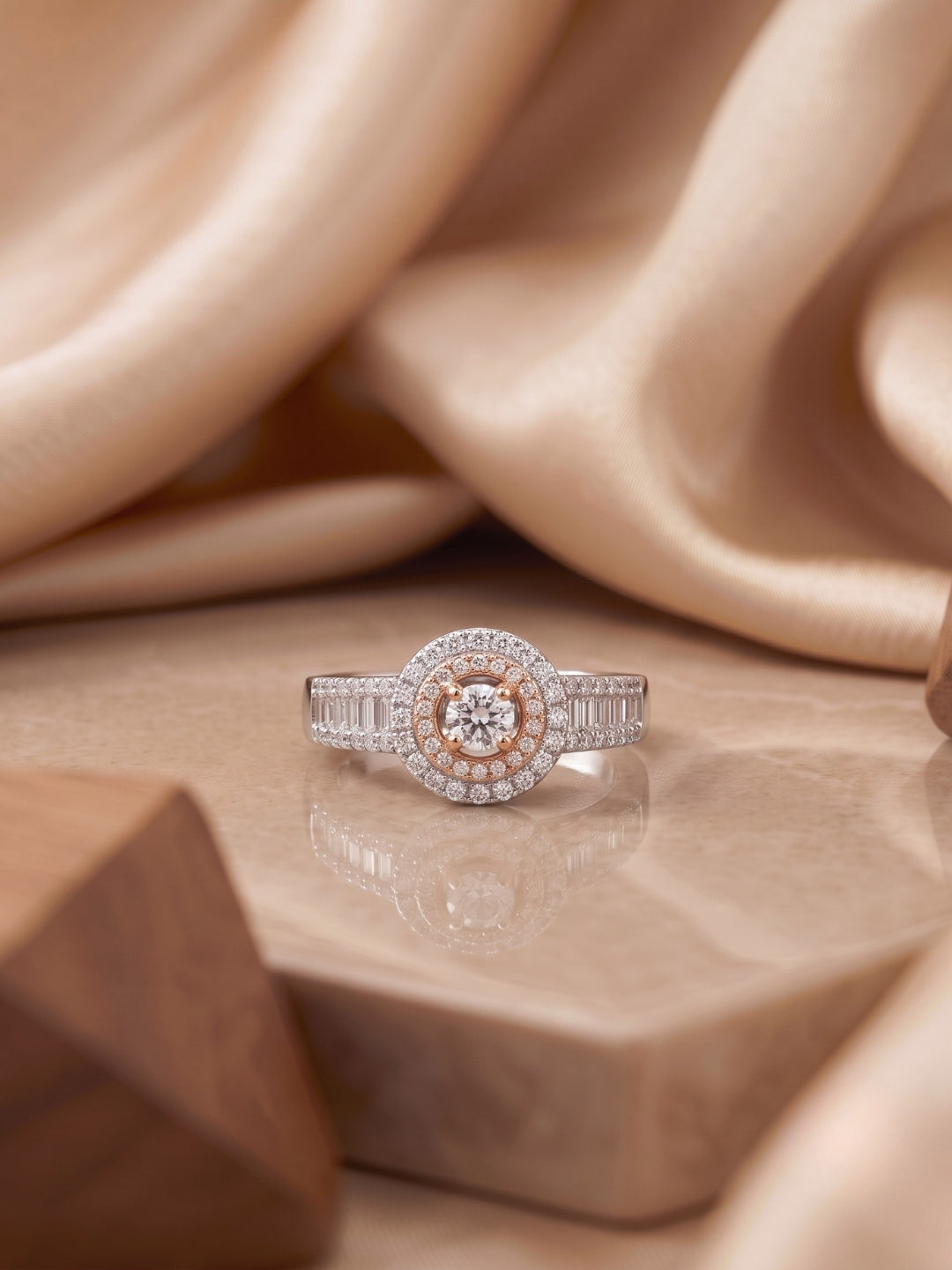 925 Sterling Silver Rose Gold Halo Baguette Ring for Women
