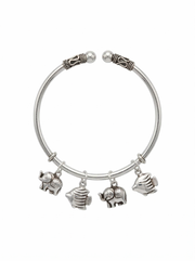 92.5 Sterling Silver Elephant & Fish Charm Silver Open Cuff Bracelet for Women